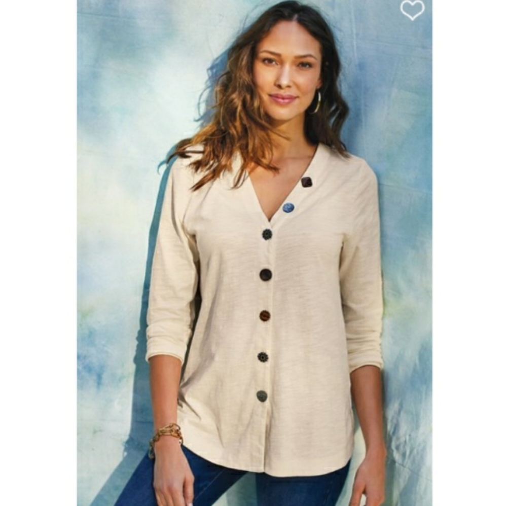 Soft Surroundings Button Delia Top 1XL Tan